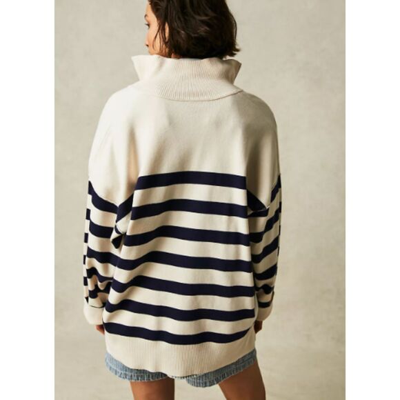 Free People Costal Stripe Pullover Champagne Navy Combo Large - Picture 9 of 9